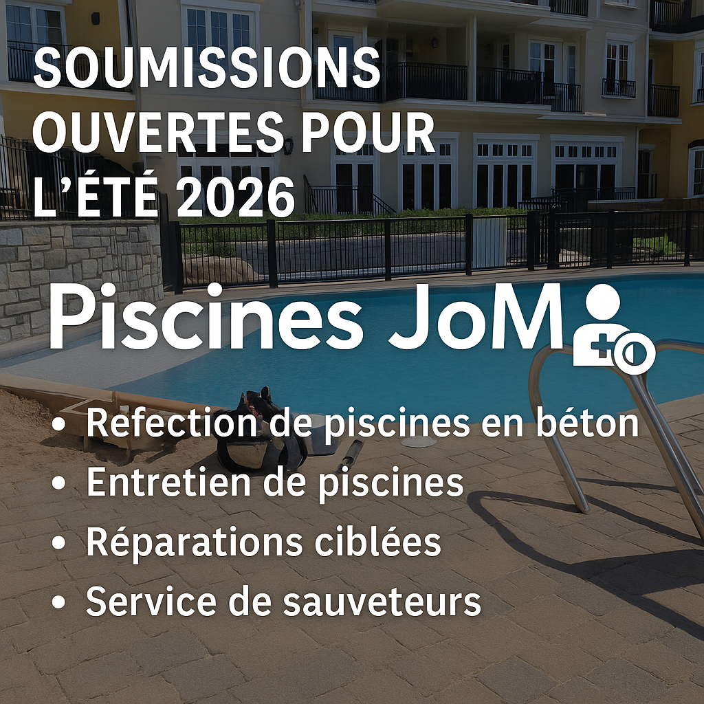 Annonce Piscines JoMA – Soumissions ouvertes pour l’été 2026 incluant sablage de piscines, entretien, réparations et service de sauveteurs dans les Laurentides.